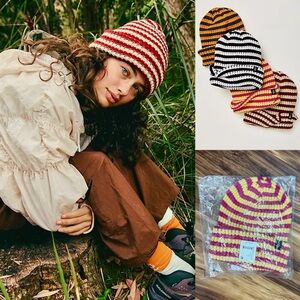 Free People Stripe It Up Pinkish-Red and Yellow Striped Beanie Hat